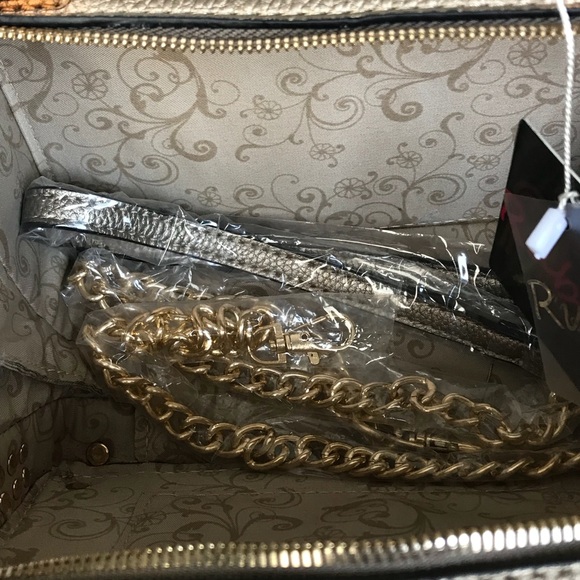 New Gold Studded Pewter Handbag With Gold Zipper. - Picture 4 of 6